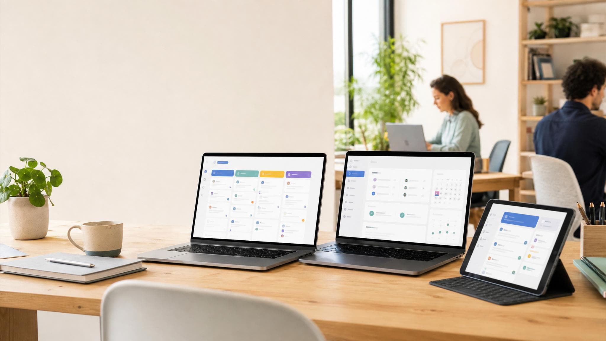 Mesa de trabajo con paneles SaaS abstractos para seguimiento comercial y operaciones